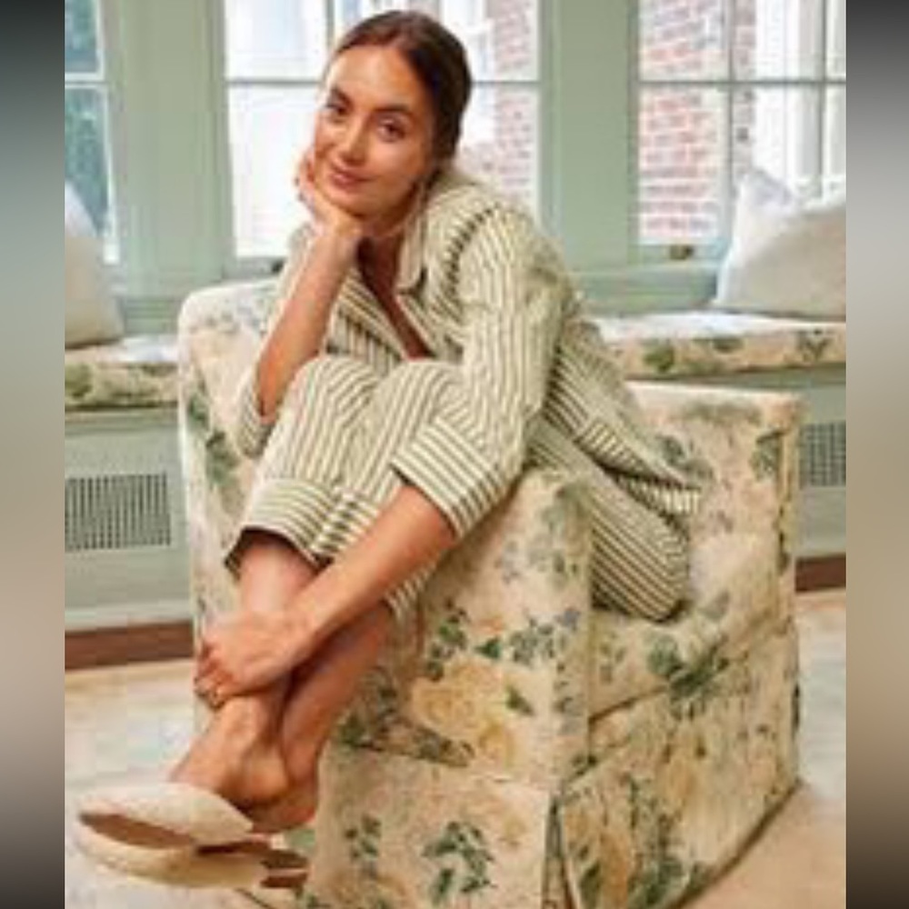 LAKE Pajamas Pocket Pants Poplin Cotton Set Light Blue/Green & White Stripes XS